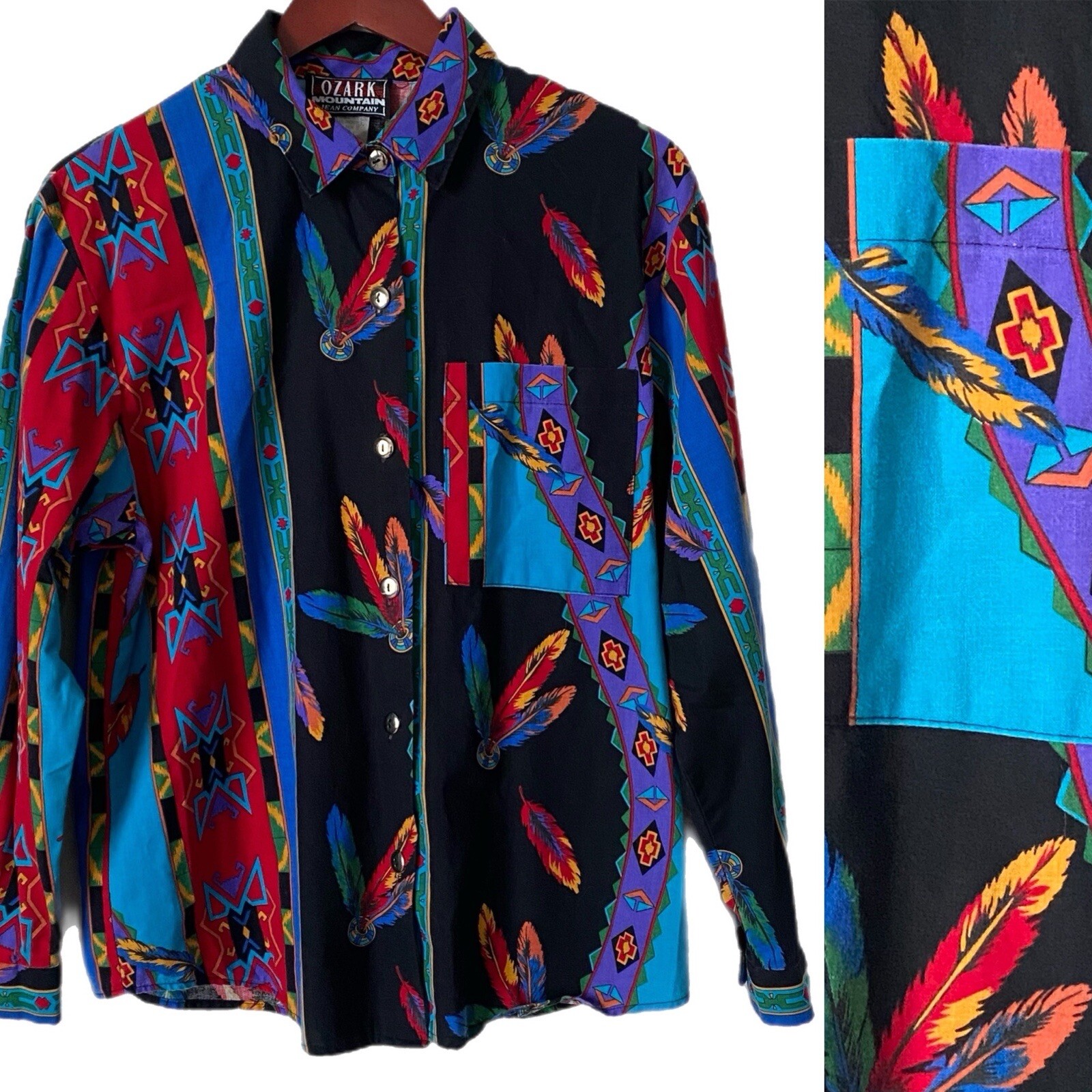 Vintage Ozark Mountain Western Aztec Tribal Shirt Size M Colorful Pocket