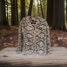 Eddie Bauer Girls Full Zip Fleece Hoodie Pink Gray Logo Size S 7/8 Geometric EUC