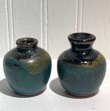 Set-TWO Miniature Hand Thrown Glazed Flat Clay Art Vases 1.5"x2" Sea Moss-Copper