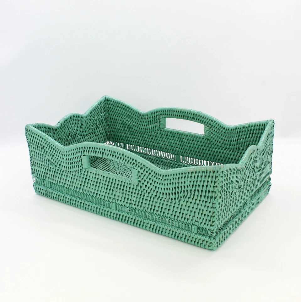 Tight Woven Scalloped Rattan Tray with Handles, Luxury Home Decor, Turquoise - Image 2 of 4