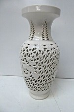 BLANC CHINE PIERCED RETICULATED CHERRY BLOSSOM TREE PORCELAIN VASE LAMP BASE
