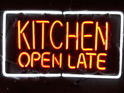 Kitchen Open Late 24''x20'' Neon Light Lamp Sign Real Glass Windows Display Decor