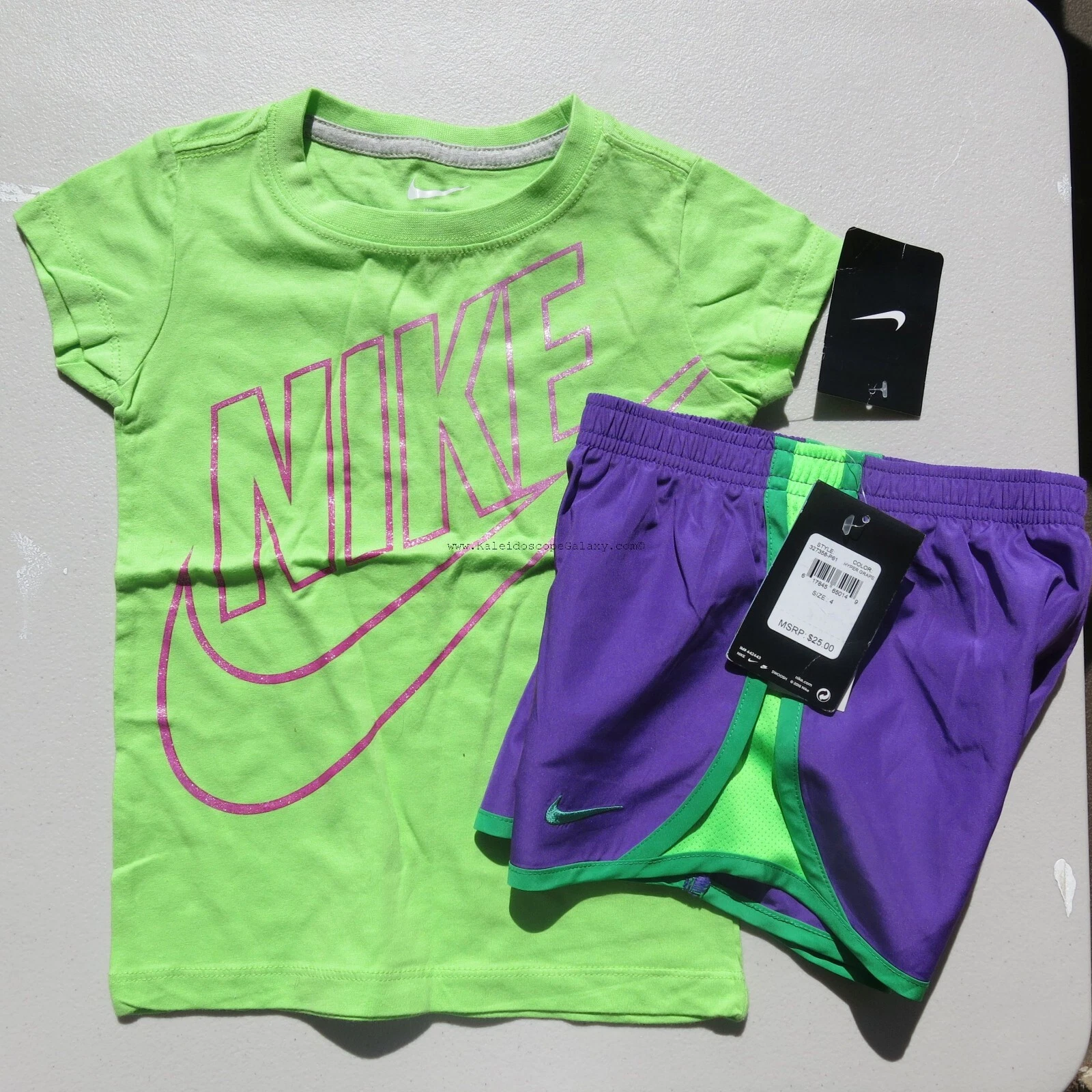 Nike Girls Size 4 Summer Dri-fit Lined Shorts & Top Green Purple