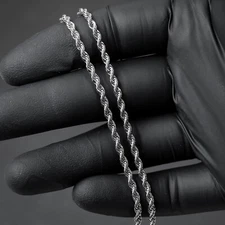 Solid White Gold Plated Heavy 316 Stainless Steel 3MM Twist Rope Chain Necklace
