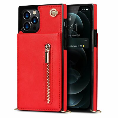 For 13 Pro Max Leather  Zipper  Wallet Flip Purse Card Case Cover + Strap