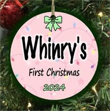Baby's First Christmas Ornament Pink Name Personalized 3.5 Round Flat Aluminum