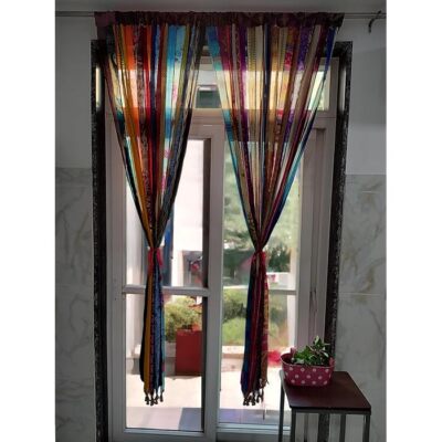 2 pc set Old Silk Sari Multicolor Ribbon Doorway Curtain Hippie Bohemian Ribbons