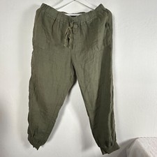 Caslon Women Olive Green Linen Drawstring Jogger Pants Large Casual Crop Pockets