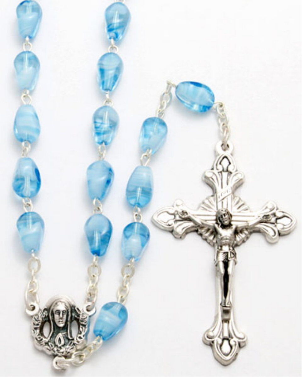 NEW MADE IN ITALY ROBIN'S EGG BLUE VARIEGATED GLASS BEAD ORNATE ROSARY - LOVELY