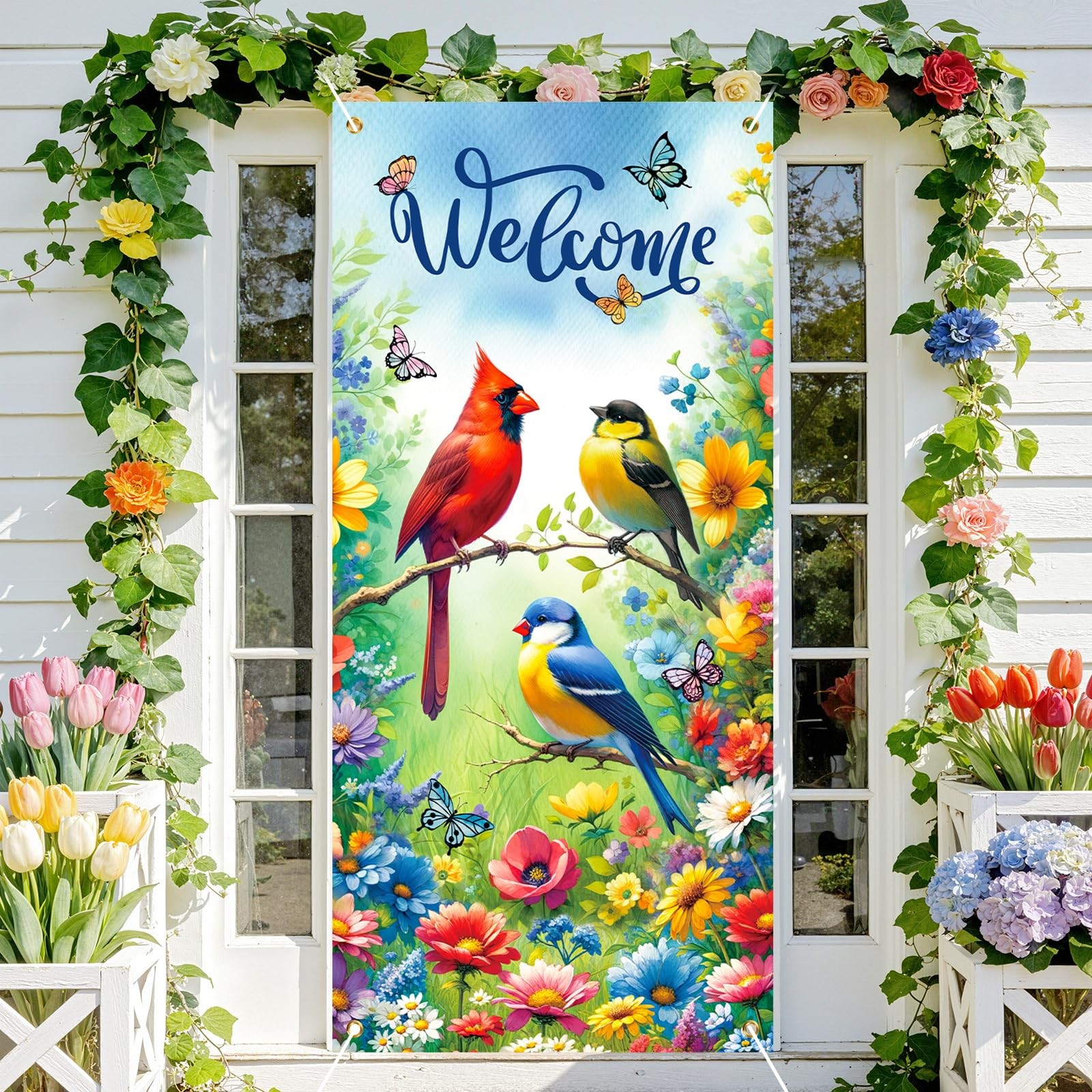Spring Welcome Door Cover Decorations Spring Summer Bird Flower Door Banner E...