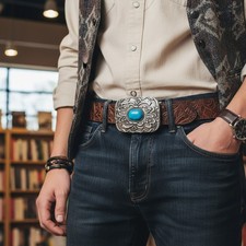 NEW Men Women Antique Silver Metal Ethnic Belt Buckle Turquoise Cowboy Filigree