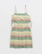 Aerie Mini Dress Linen Blend Pink Green Stripes Coverup Size Small NWT
