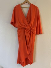 ASOS Dress Womens 10 Orange Wrap Midi Kimono Sleeve Draped Front Party Wedding