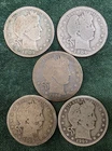 Lot of Five (5) Barber Quarters, AG/VG Condition, 90% Silver (ASW 0.83 ozt)