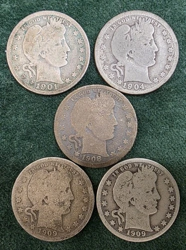 Lot of Five (5) Barber Quarters, AG/VG Condition, 90% Silver (ASW 0.83 ozt)