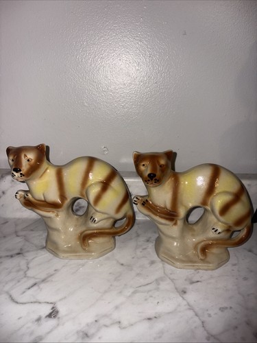 Pair of Vintage Tiger Striped Cats Puma Jaguarundi Figurines Made in Brazil 6" H