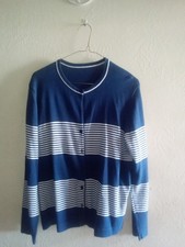 Vtg Women's Cardigan Sweater Navy And White Striped No Tags Button Down Long...