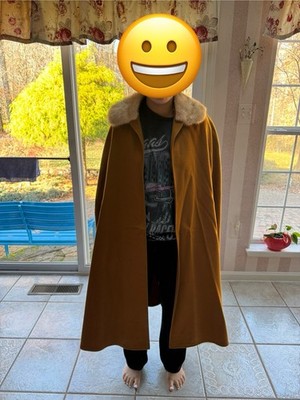 Saint Laurent Rive Gauche Vintage Brown Long Cape Coat Fur Trim Collar L