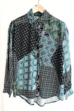 Image of Stradivarius Long Sleeve Paisley Patchwork Silky Button Up Blouse XS Teal Green