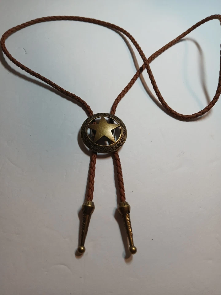 Texas Star Shape Bolo Tie W/4mm Braided Brown Cord W/1.25" Bronze Tips VERY NICE - Image 3 of 4