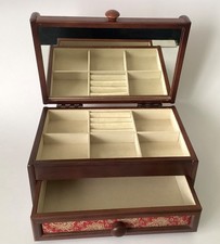 LARGE VINTAGE FABRIC COVERED WOODEN JEWELLERY BOX