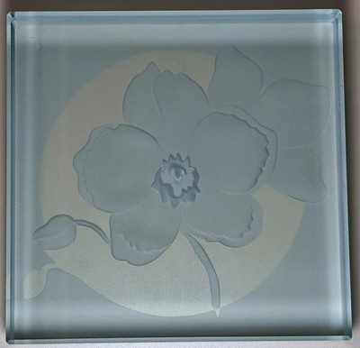 Mary T Anderson PEONY MTA Hand Etched Flower Glass Block 3 7/8'' Square Poppy