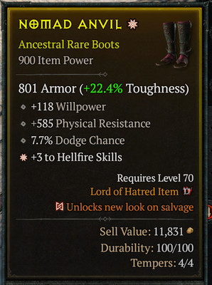  DIABLO 4 SEASON 13   1 GA   Ancestral Rare Boots   +3 Hellfire Skills