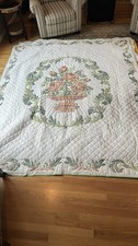 Vintage Embroidered Hand Sewn Quilt Floral Bouquet Appro 80 x 96