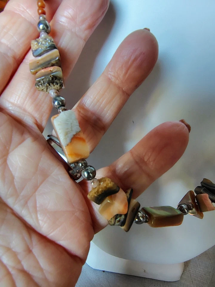 Collar Vintage Jaspe Coral Hematita Abulón 24" Piedra Natural Boho Joyería Foto 3 de 4