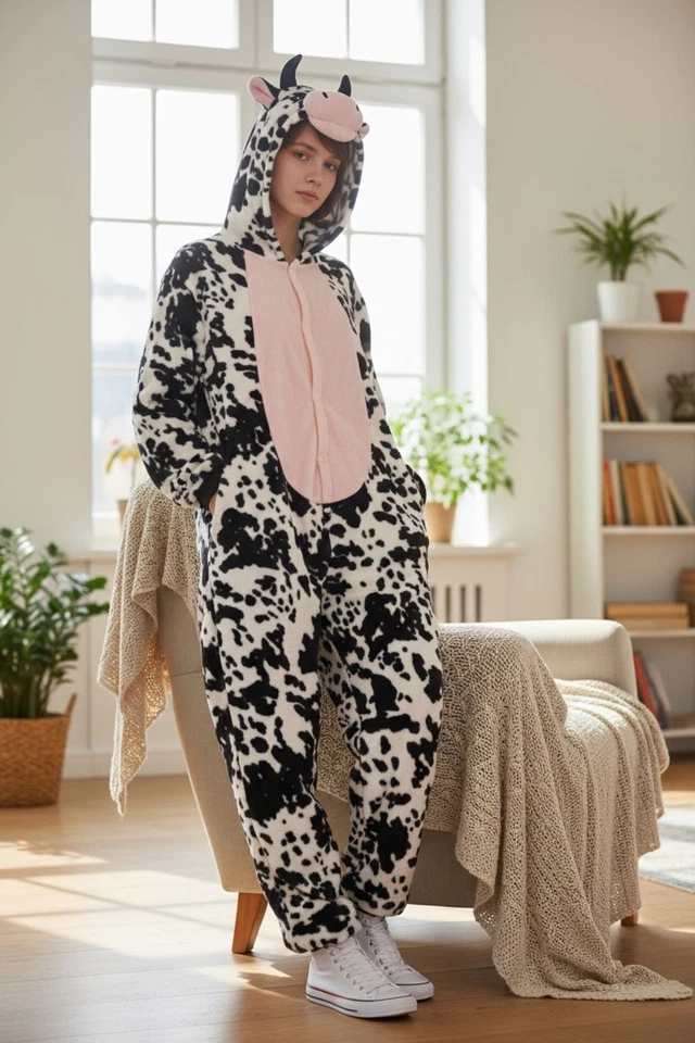 Fantasia de pijama Secret Treasures feminina XS estampa de vaca com capuz peça única aconchegante  - Imagem 2 de 4