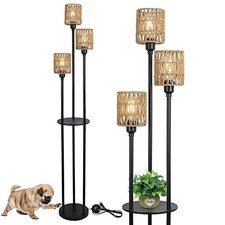 Boho Floor Lamp with Shelves, 3-Lights Farmhouse Tall Floor Black-Rattan Shade