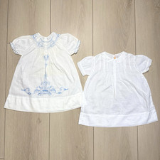 Lot of 2 VTG Baby Dresses Blue Smocked Embroidered White Peter Pan 1 Yr