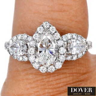 Estate 1.71ct Diamond 18K Gold Three Stone Halo Engagement Ring 3.9 Grams NR