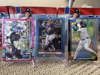 Junior Caminero 2026 Bowman Sky Blue Mojo /499, TF base &  Rays Pink Diamanté 