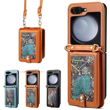 For Samsung Galaxy Z Flip 7 FE/7/6/5/4/3 Crossbody Strap Leather Card Slots Case