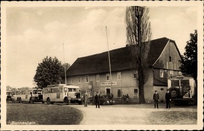 Postcard Blankenhain Crimmitschau in Saxony, Gasthof Hohe Weide, buses - 10601908