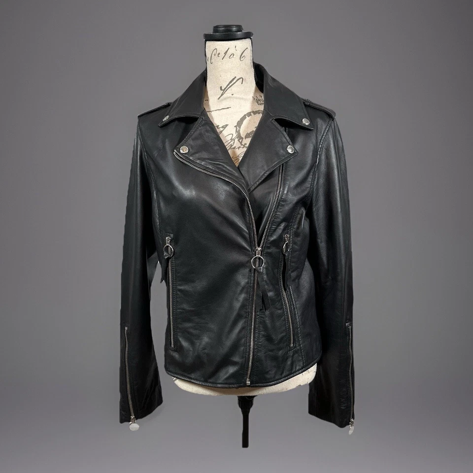 Black Moto Jacket Womens Medium Faux Leather Asymmetrical Rockabilly Buckle - Image 2 of 4