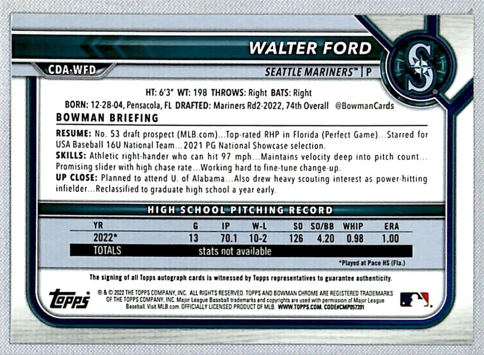 Walter Ford 2022 Bowman Draft Chrome Pick Auto #CDA-WFD Seattle Mariners - Image 2 of 2