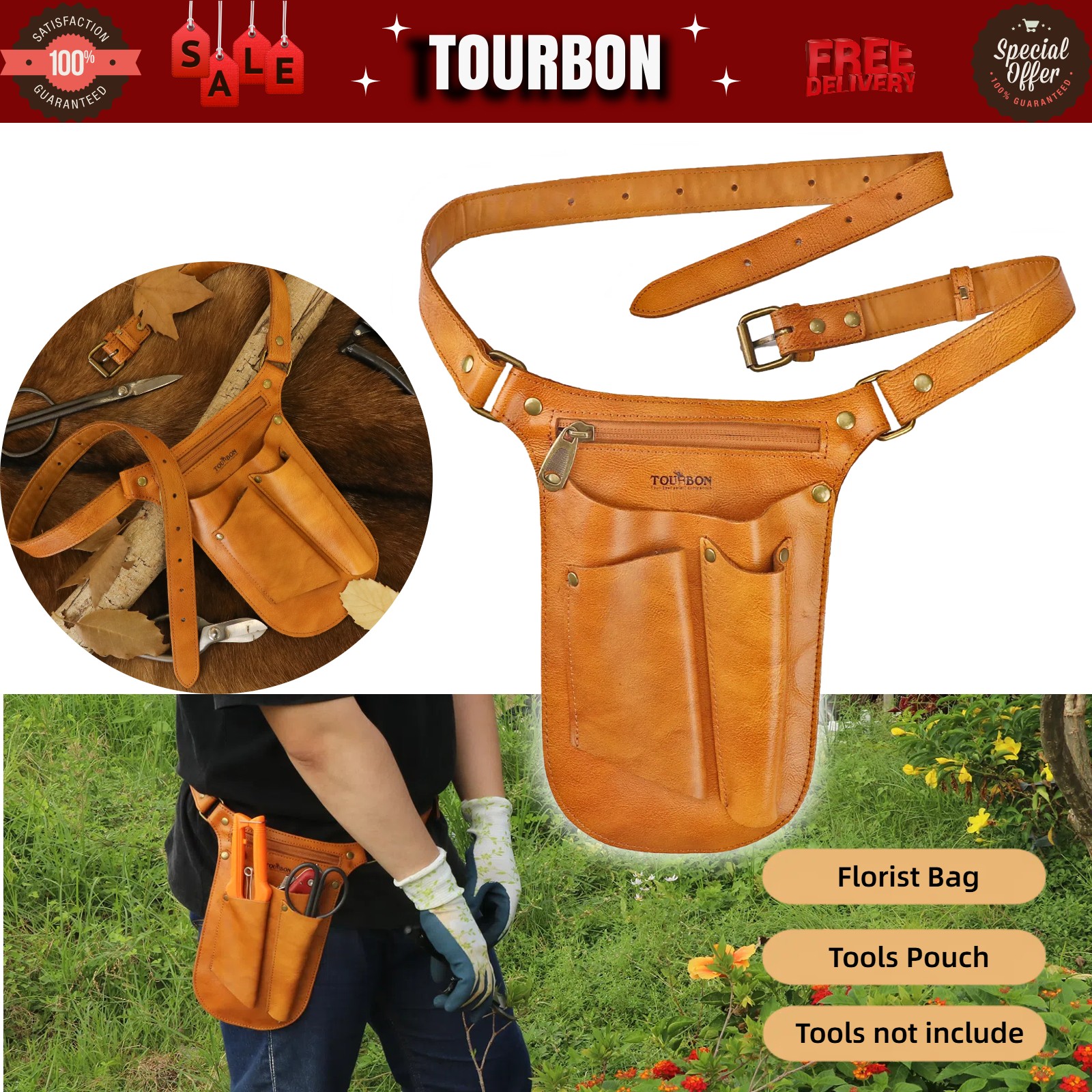 TOURBON Leather Garden Belt Florist Bag Holder Tools Utility Pouch Phone Case
