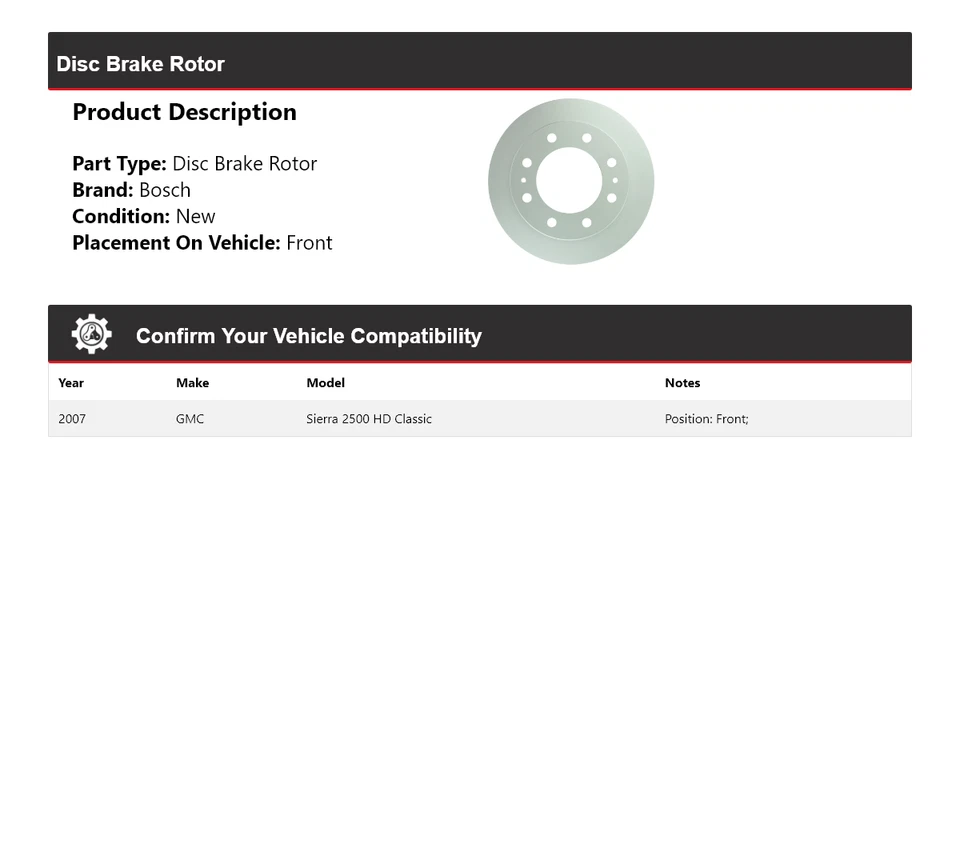 Para GMC Sierra 2500 HD 2007 clásico Bosch QuietCast disco freno rotor delantero Foto 2 de 4