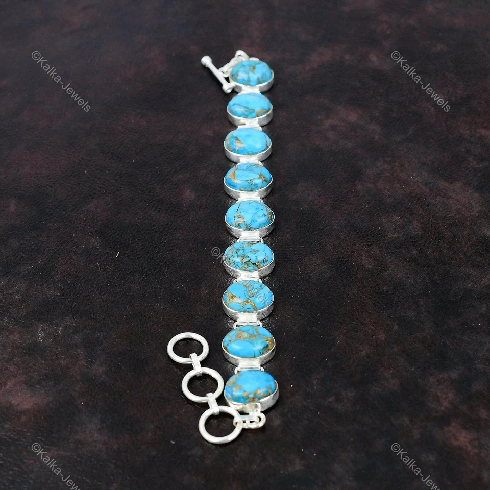 Natural Copper Blue Turquoise Chain Adjustable Bracelet 925 Silver For Women - Image 3 of 4