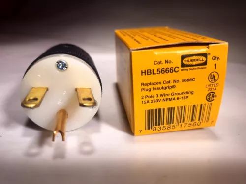 HUBBELL HBL5666C GROUNDING PLUG 2P 3W 15A 250V NEMA 6-15P 5666C