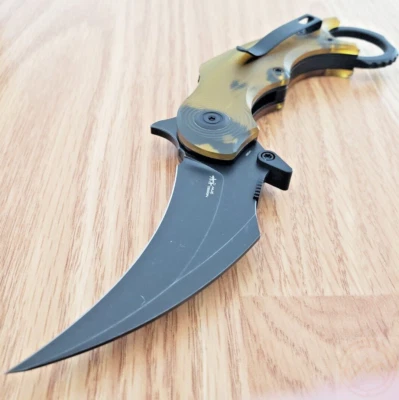 Kubey Rogue Folding Knife 3" Black 14C28N Sandvik Steel Blade Amber Ultem Handle