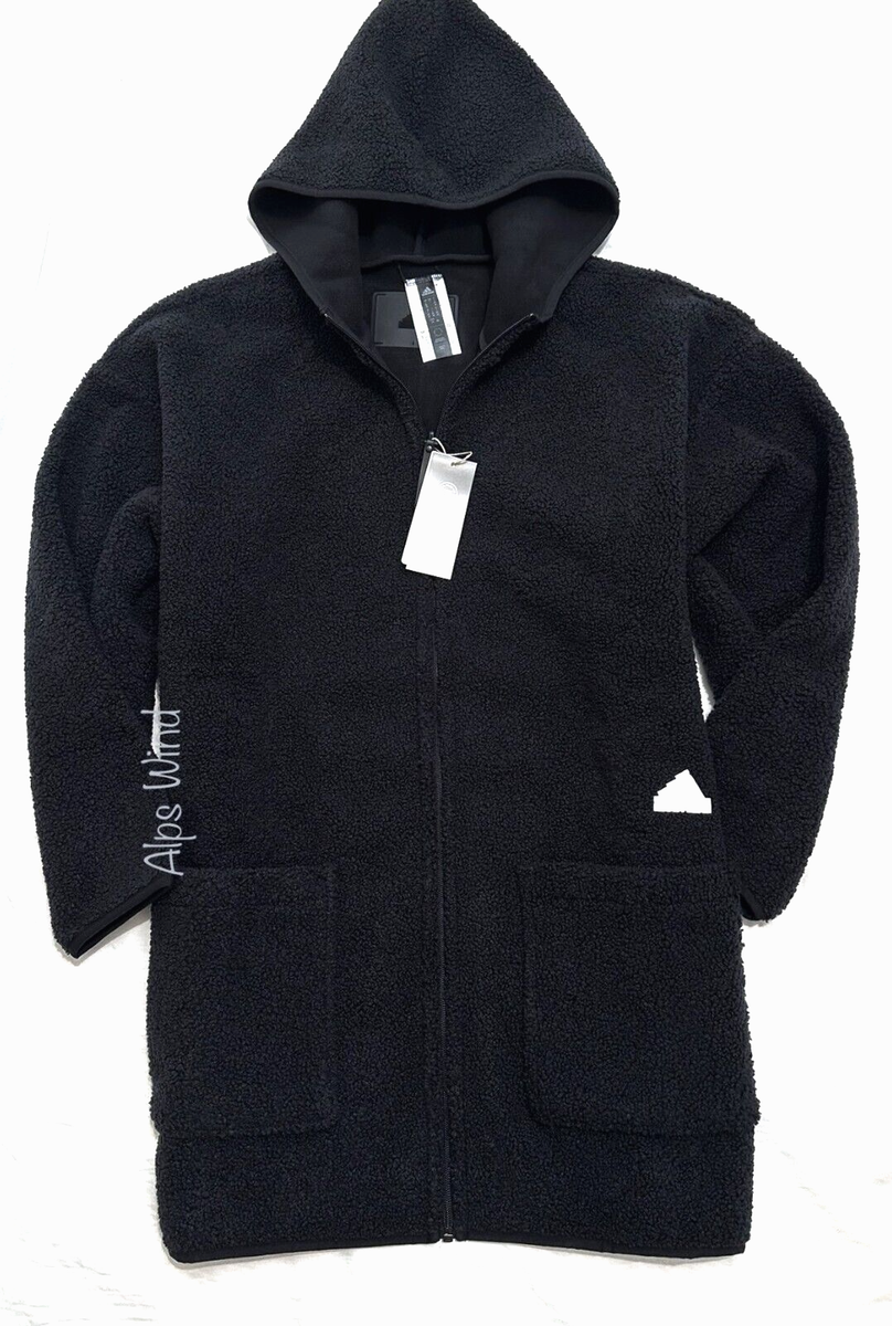 adidas Polar Fleece Long Hooded Reversible Jacket Black Womens SZ