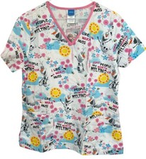 Disney Frozen Scrub Top Medical Shirt V-neck Olaf Sun Flowers Small NWT