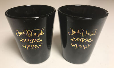 JACK DANIELS TWO BLACK WITH GOLD LOGOS  WHISKEY SHOT GLASSES