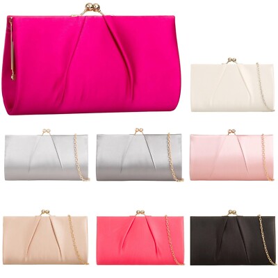 New Ladies Satin Clutch Wedding Bridal Evening Party Prom Kiss Lock Clasp  UK