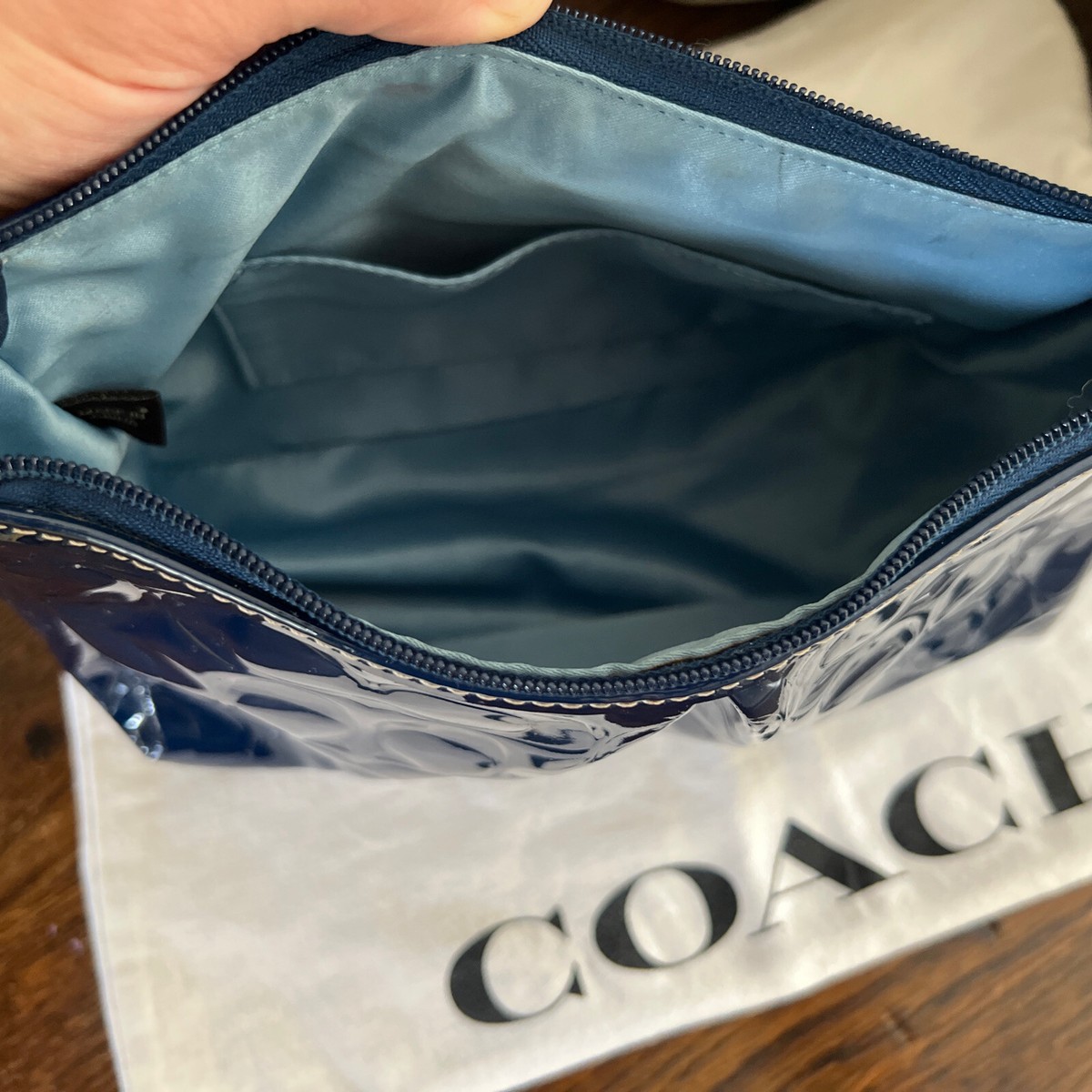 COACH Top Handle Embossed Signature Blue Patent Leather