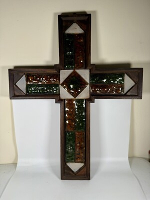 VTG Wood Mosaic Glass Wall Cross Yellow Green Large Handmade Arts Crafts 19 x15 