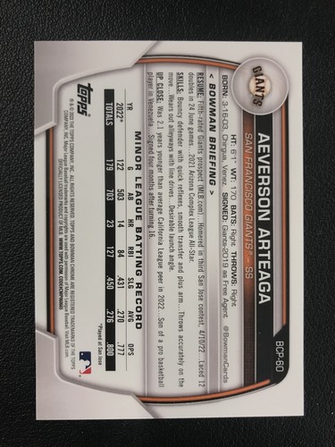 2023 Bowman Chrome #BCP-60 Aeverson Arteaga Purple Lava Refractor /250 Giants - Picture 2 of 2